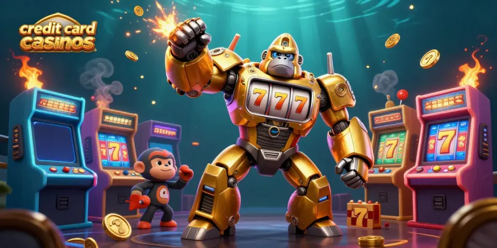 Experience excitement at credit card casinos with a golden mech gorilla, colorful arcade machines, and vibrant gaming elements.