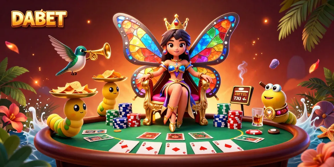 DABET showcases a vibrant casino scene with a butterfly queen and poker elements for an exciting gaming experience.