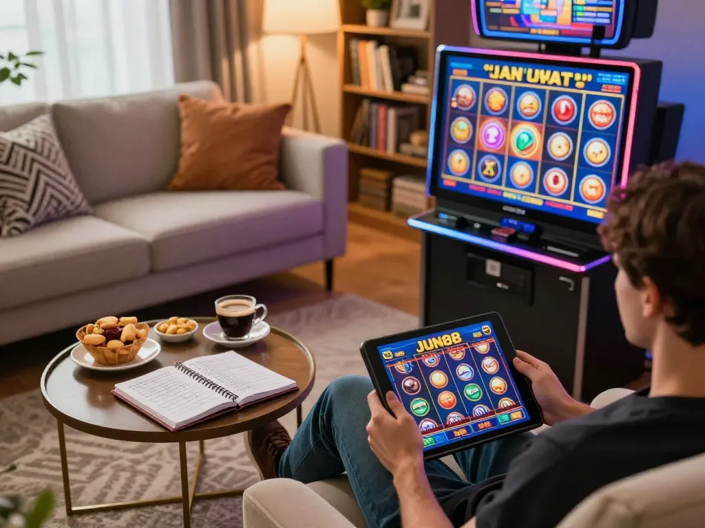 Person enjoying Jun88 online casino games on a tablet in a cozy living room setting, emphasizing casual gaming.