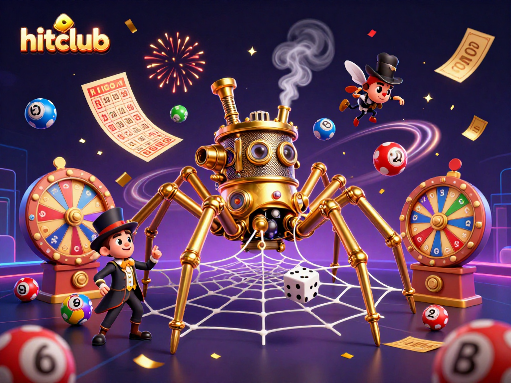 Engage with hitclub's vibrant casino scene featuring a steampunk spider, amusing gentlemen, and dynamic lottery elements.
