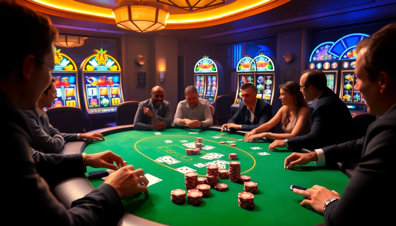 Players enjoying a lively poker game at Goal123's luxury casino, showcasing vibrant poker chips and cards.