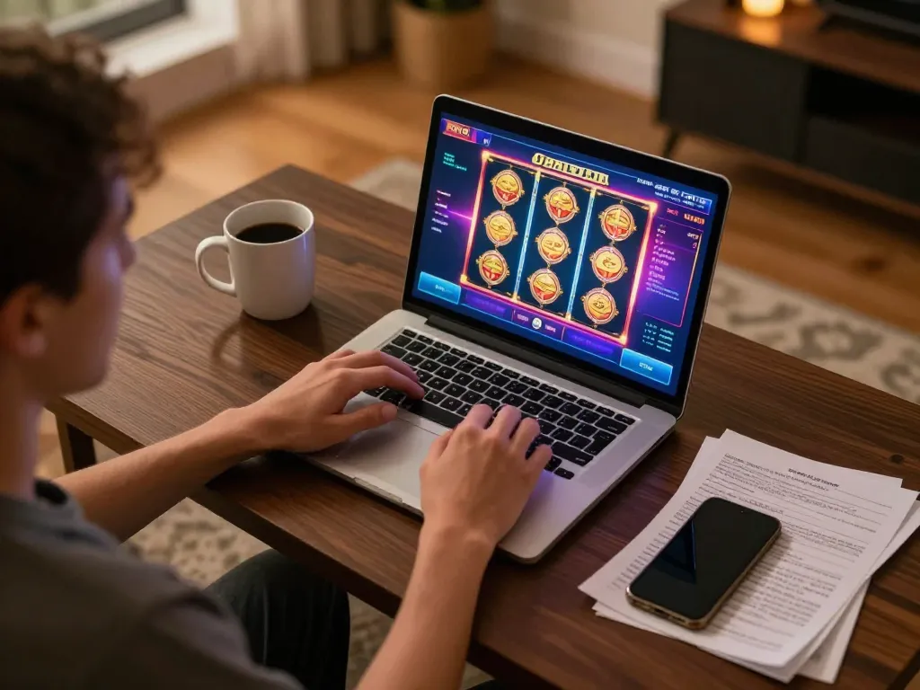 Engage in online casino gaming at https://nhatvip1.jp.net/ with a cozy home setup and colorful slots visible.