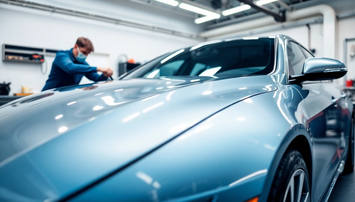 Apply PPF Chattanooga to an automobile with precision in a well-lit garage.