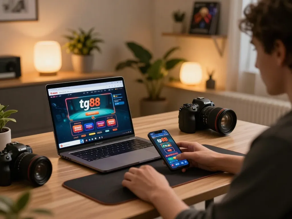 Player engaging with the tg88 online casino on tablet and laptop during strategic gameplay.