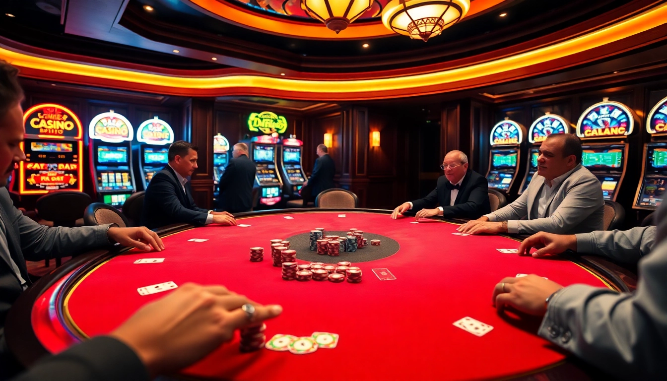 Players enjoying a thrilling game at DF999's luxurious casino, filled with vibrant colors and excitement.