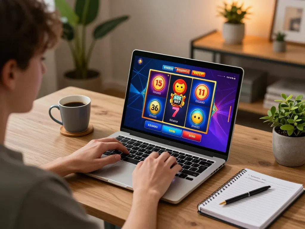 Engaged player spinning Pragmatic Slot reels on a laptop in a cozy home setup.