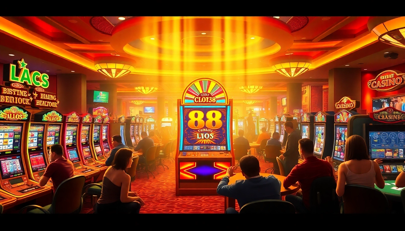 Players engaging with slot88 machines in a vibrant casino scene filled with excitement and winning opportunities.