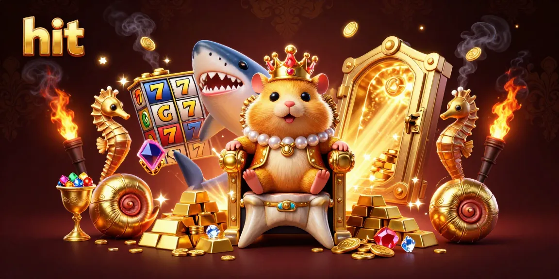 Hit the jackpot with this vibrant 3D illustration of a hamster king on a shark throne surrounded by treasure.