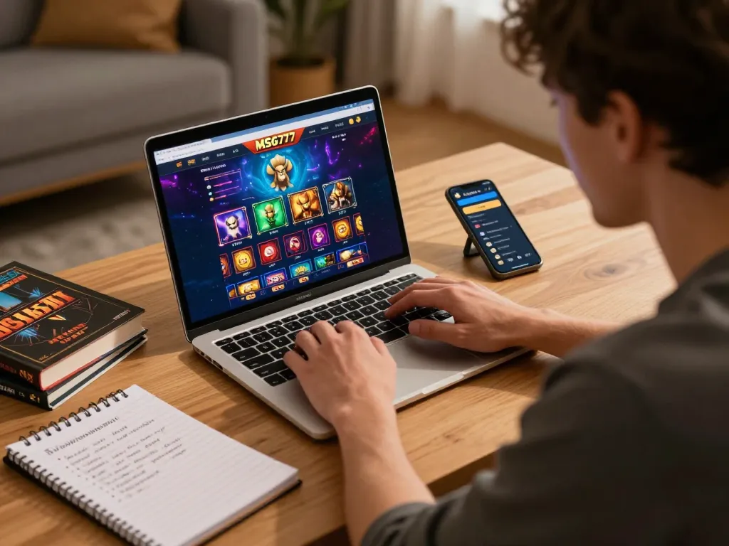 Player engaging with MSG777 interface on laptop, showcasing online gaming experience and strategy in a cozy home setting.