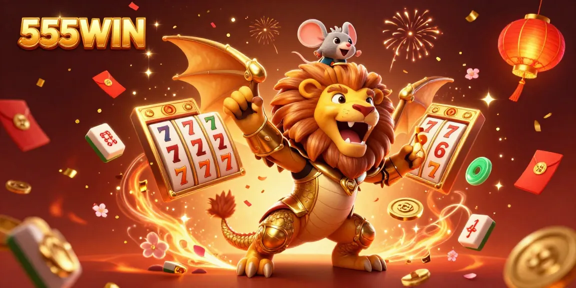 Engage with 555WIN in a vibrant 3D scene featuring exciting slot elements and a captivating chimera creature.
