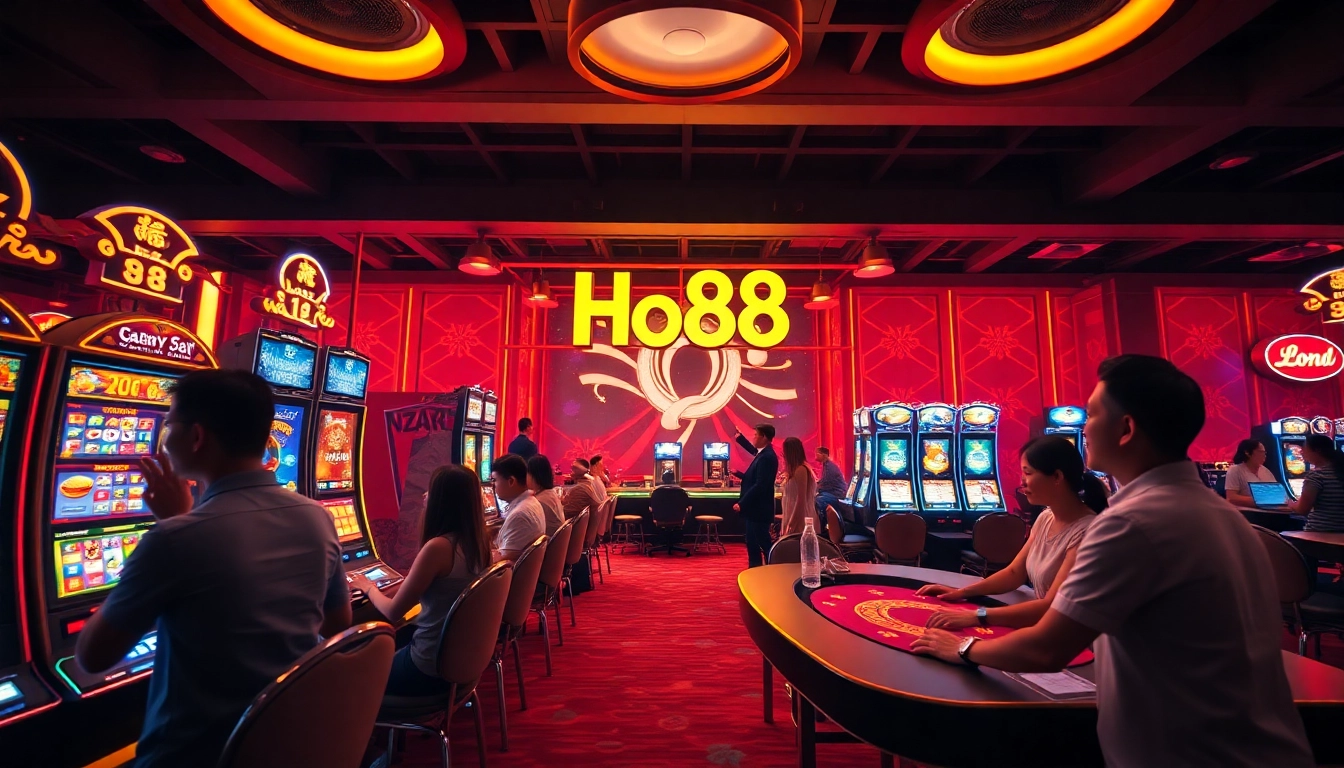 Engaging online casino scene featuring diverse players at Ho88, celebrating wins and enjoying live dealer games.