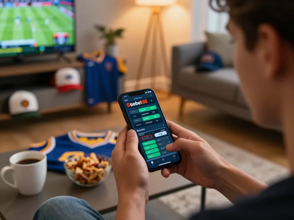 SboBet88 sports betting excitement with smartphone in a cozy home setting