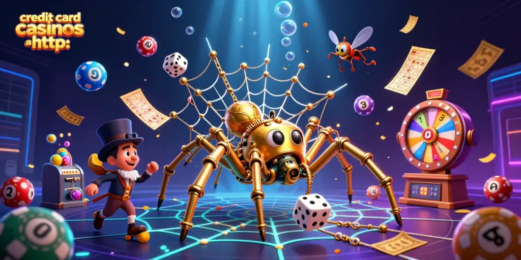 Bounce into the thrill of credit card casinos at http: with a dynamic 3D casino illustration featuring a steampunk spider and immersive elements.