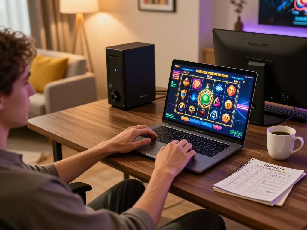 Nohu90 user immersed in exciting online slot gameplay on a laptop at home.