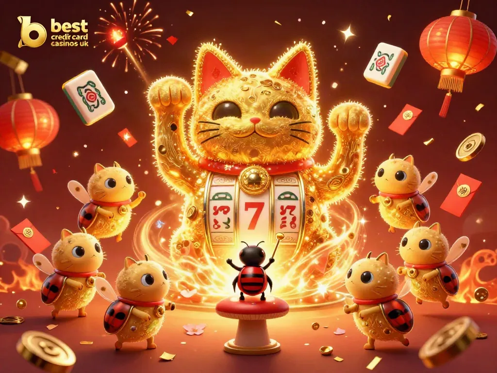 Engage with the best credit card casinos UK featuring a vibrant lucky cat and dynamic casino elements.