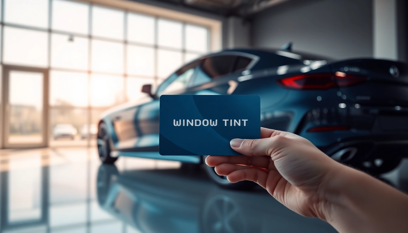 Presenting a luxurious window tint gift card against a stylish garage backdrop, radiating sophistication.