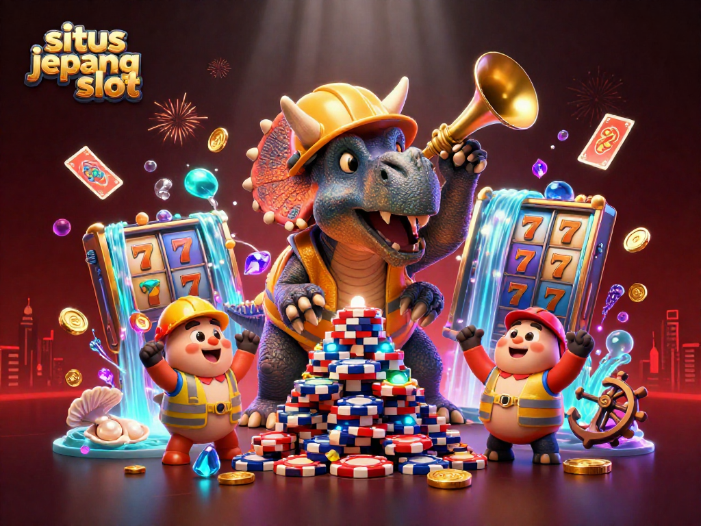 Engage with situs jepang slot as cartoon dinosaurs celebrate a jackpot amidst vibrant slot game elements.