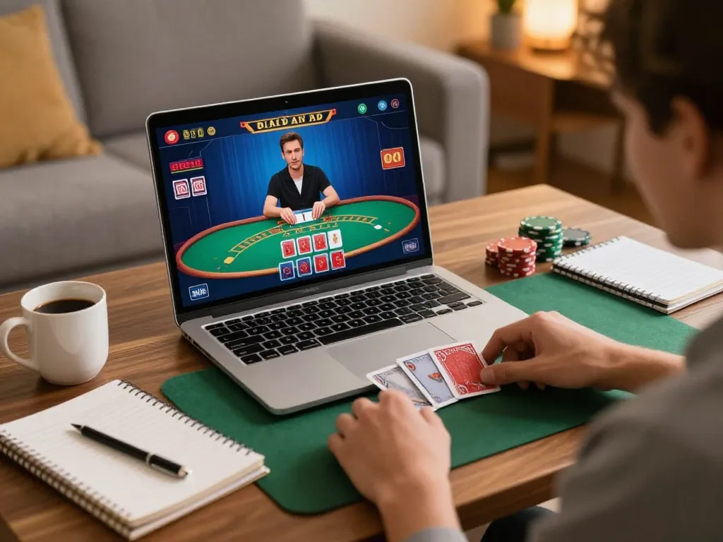 Player enjoying blackjack on 789CLUB laptop in cozy home with strategic notes.