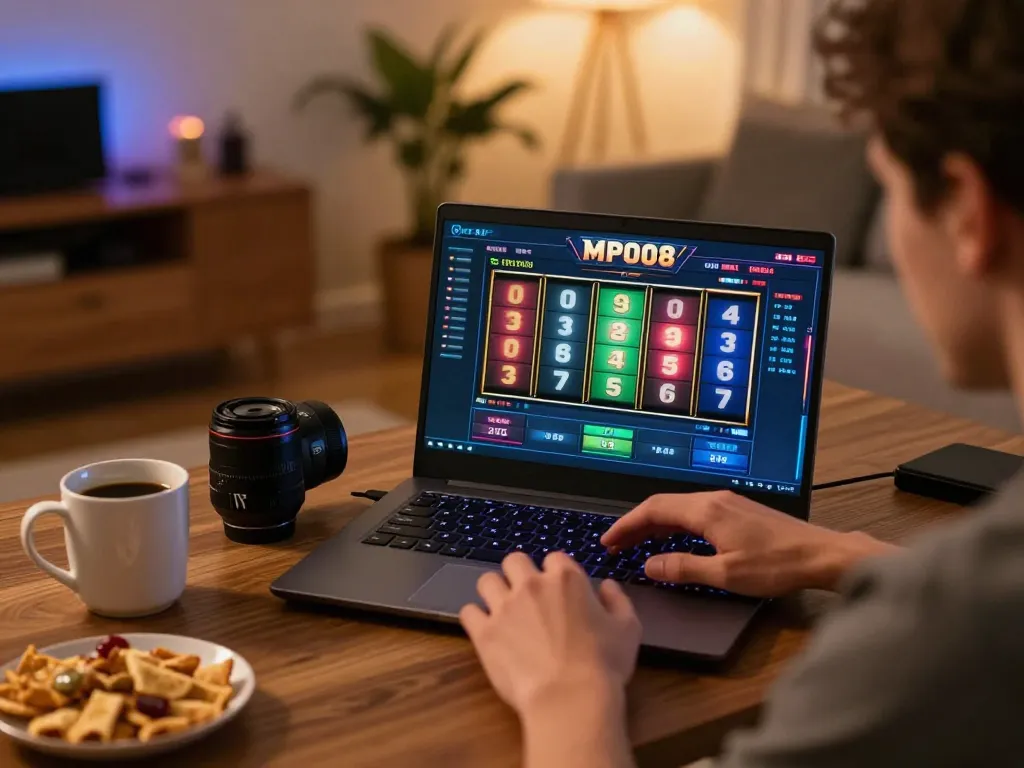 MPO08 player enjoying slots on a laptop with vibrant interface and cozy setting.