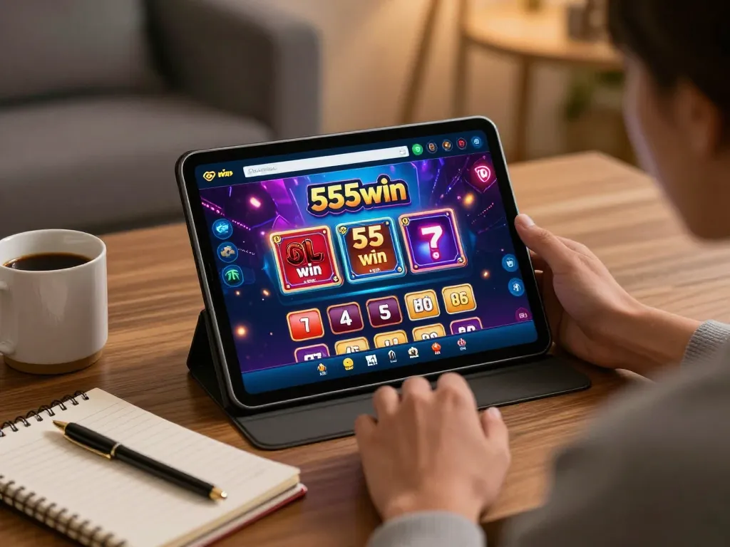 Engaged player enjoying 555win gaming experience on their tablet, surrounded by strategy notes