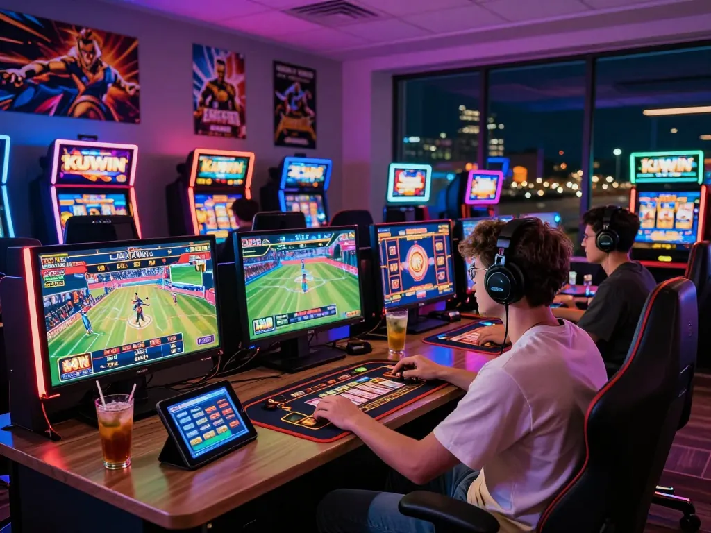 Engaging gaming atmosphere at KUWIN with a player amidst colorful slot machines and live betting screens.