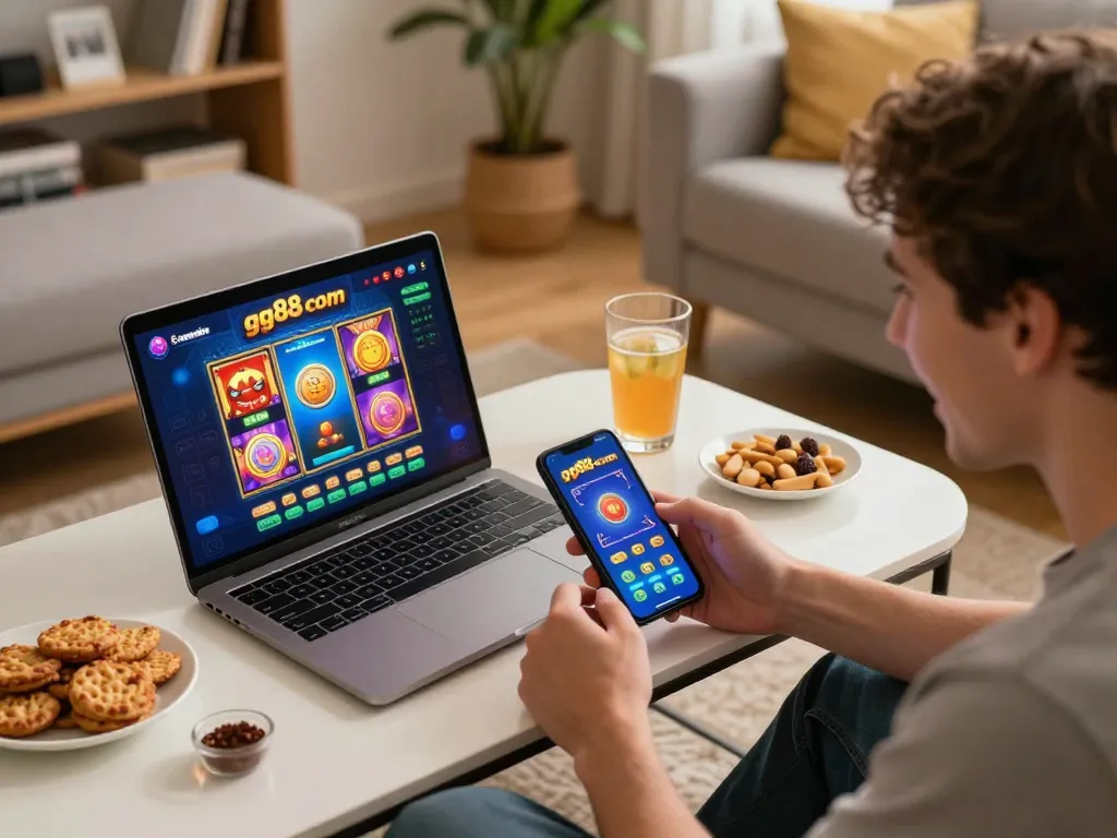 Engaged player on gg88 com enjoying mobile gaming with vibrant graphics in a cozy living room.