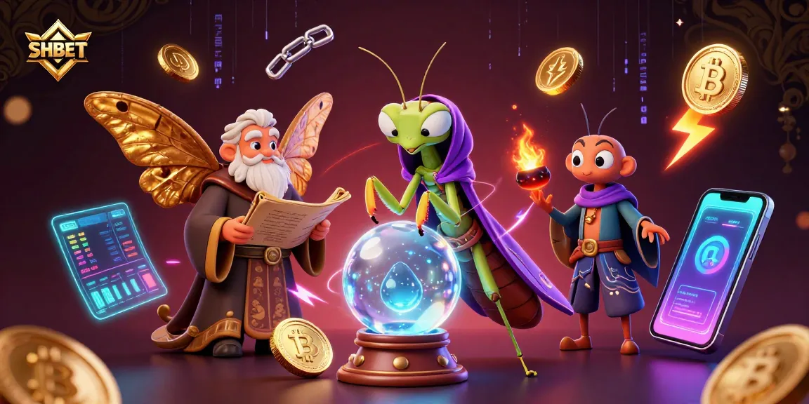 Engage with SHBET through a vibrant 3D casino scene featuring mystical characters and cryptocurrency elements.