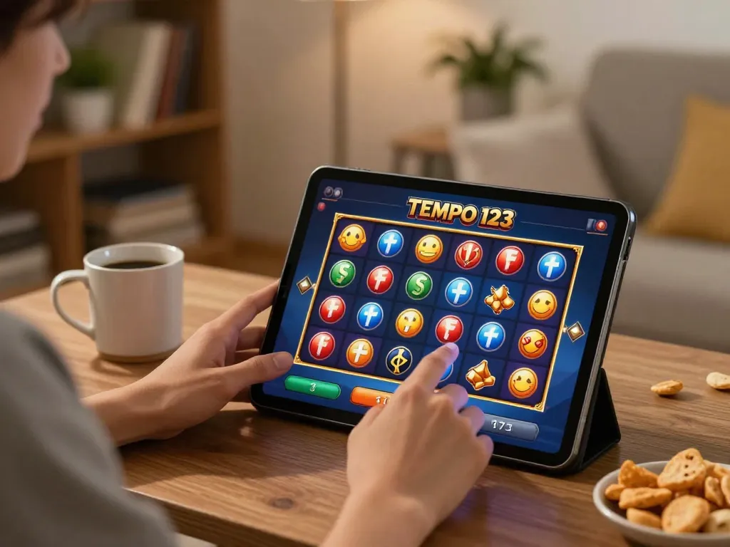 Pemain menikmati permainan slot Tempo 123 di tablet, dikelilingi oleh kenyamanan rumah yang nyaman.