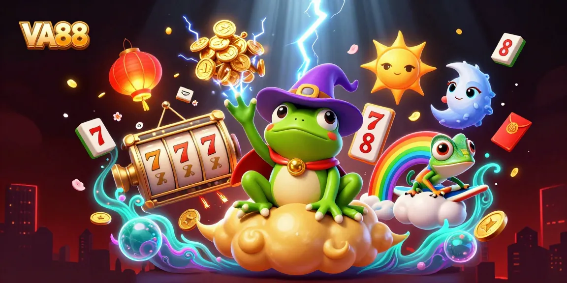VA88 brings excitement to online slots with vibrant illustrations of gaming elements and playful characters.