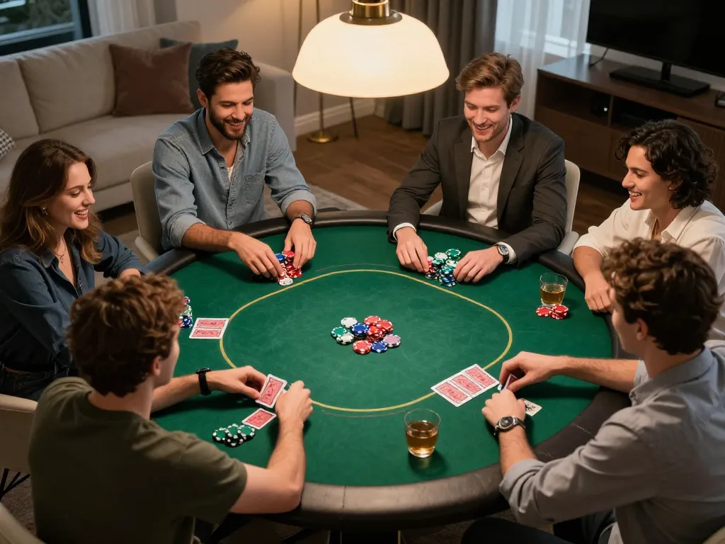 Players strategizing and enjoying poker at home, highlighting go99com for a fun gambling experience.