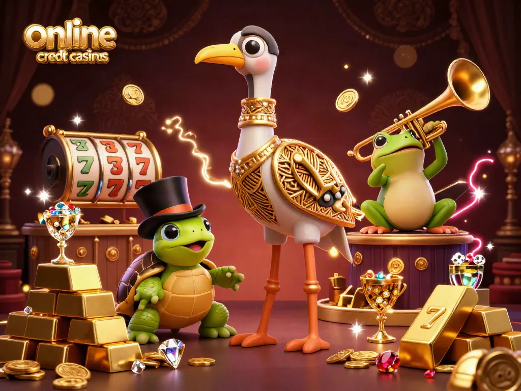 Experience excitement at online credit card casinos in a vibrant, dynamic 3D illustration featuring card games and casino elements.