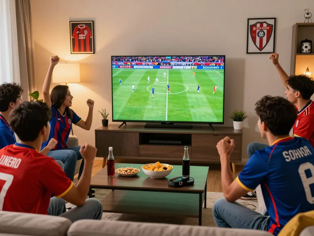 Socolivetv fans enjoying a live soccer match in a modern living room with snacks and excitement.