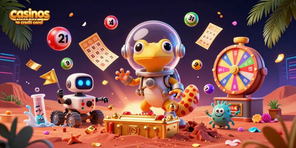Experience fun at casinos that accept credit card with our vibrant 3D scene of space-themed characters.