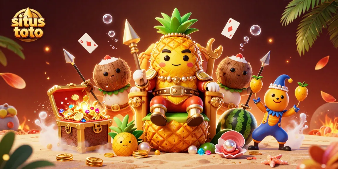 Engage with situs toto through a vibrant visual of a golden pineapple king and dynamic casino elements.