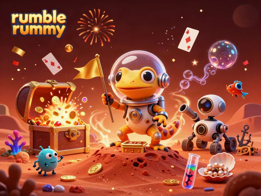 Experience the excitement of rumble rummy with vibrant casino imagery and engaging characters.