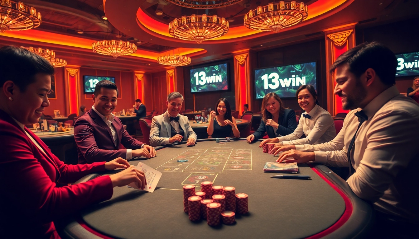 Exciting poker action at the 13win casino table, showcasing vibrant chips and professional dealers.