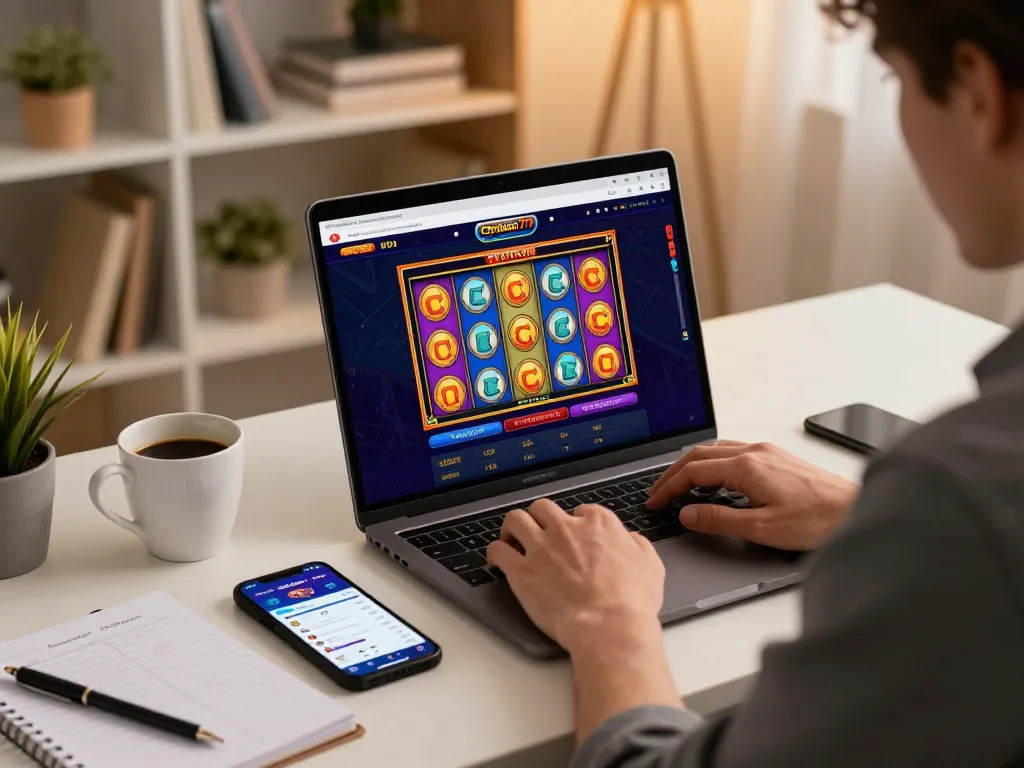 Engaged player exploring cendana777 online casino features on laptop with strategic notes.