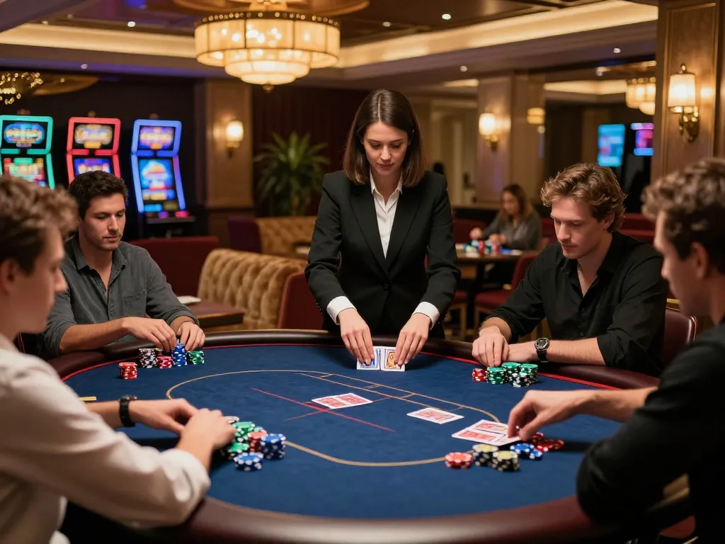Players strategizing during an intense poker match at Go8, showcasing a vibrant casino atmosphere.