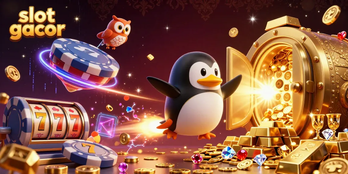 Experience slot gacor excitement with a penguin and owl amidst dazzling casino elements.