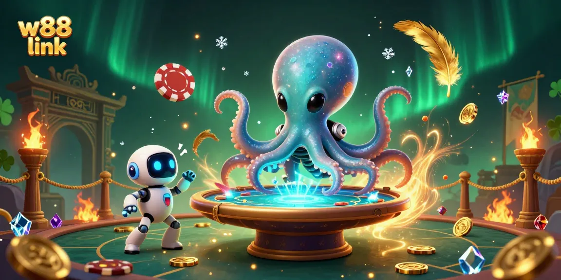 Explore dynamic gaming with the W88 link featuring a playful octopus at a holographic poker table.
