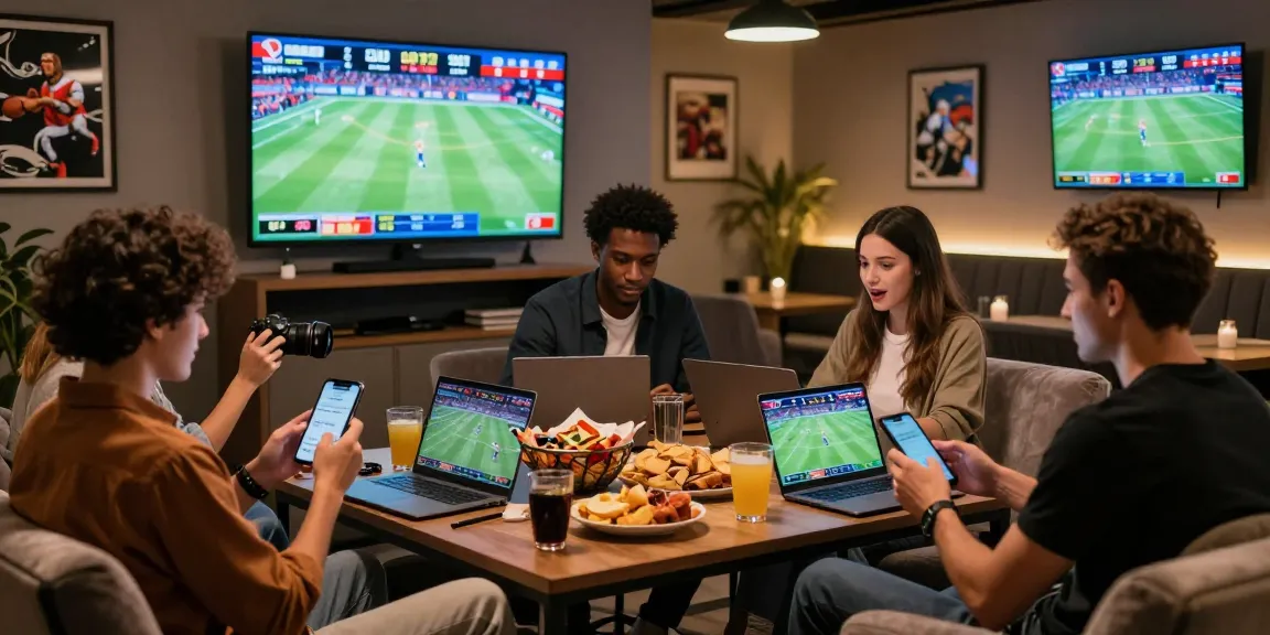 A lively group enjoying the thrill of 663 bet sports betting in a modern lounge with screens displaying live events and engaged with mobile devices.