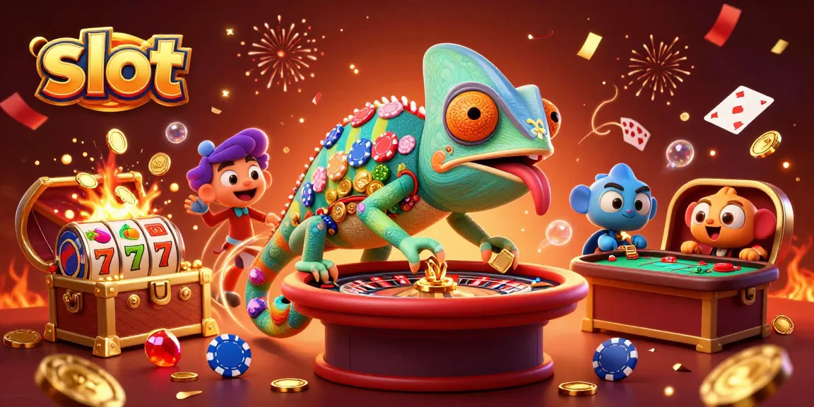 Permainan slot menarik dengan chameleon kasino yang mengawasi tabel roulette dan mengumpulkan koin emas.