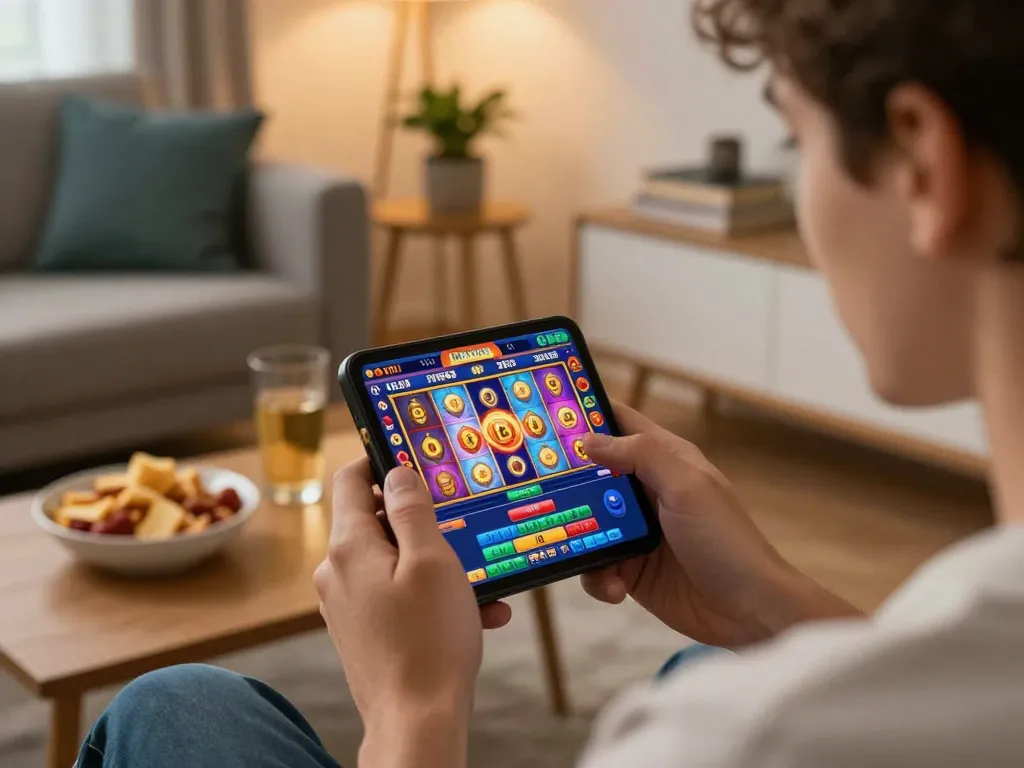 LIGALGO mobile gaming experience showing player engaged in slot action with vibrant visuals.