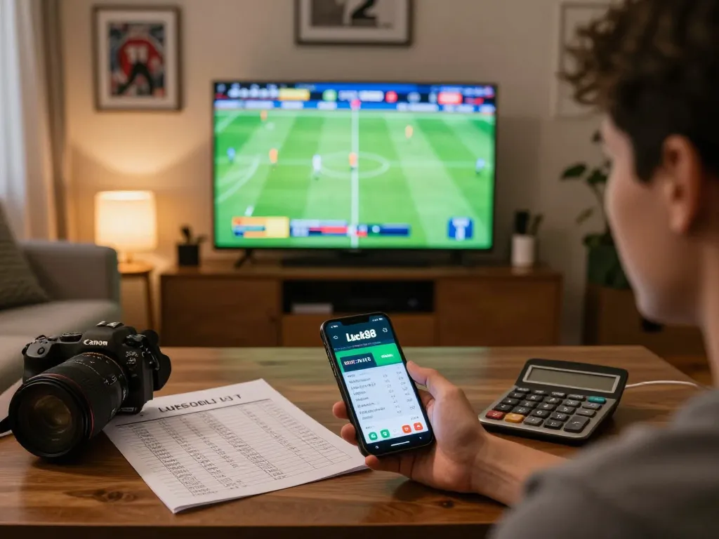 Placing bets with the Luck88 app while watching live sports from home, showcasing dynamic sports betting experience