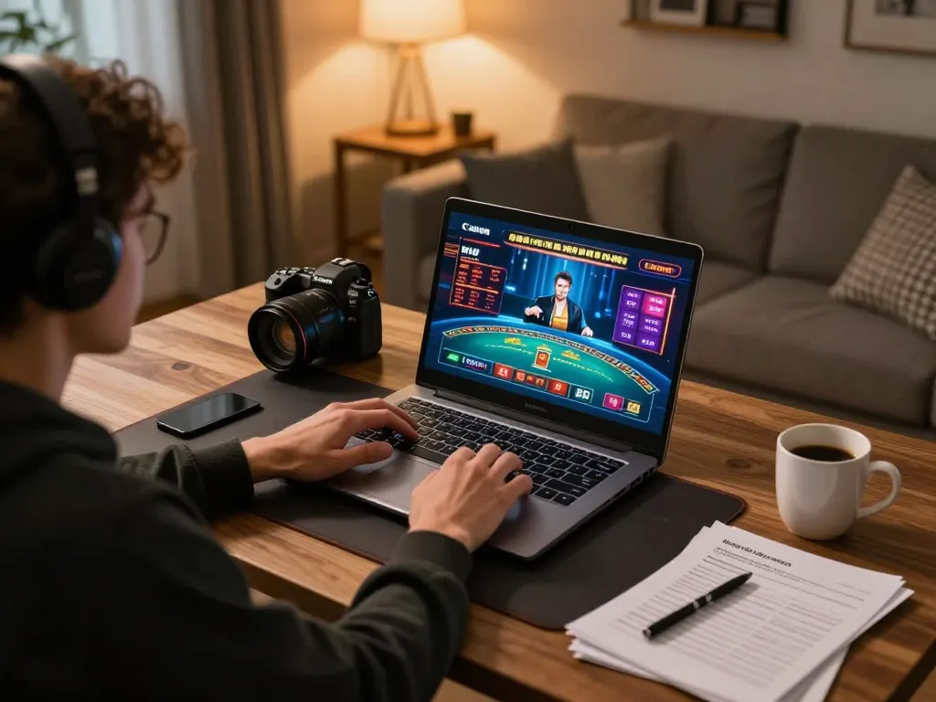 Engaged player enjoying F168BET online casino games in a cozy home office setting.
