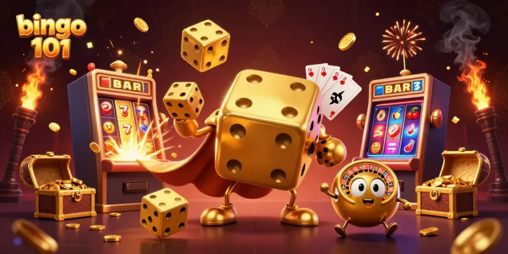 Bingo 101 app featuring a vibrant, interactive casino experience with golden dice, slot machines, and lively game elements.