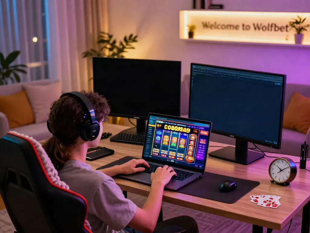 Engaging gaming scene at https://wolfbet-bonus.com/ showcasing a player enjoying online casino games at home.