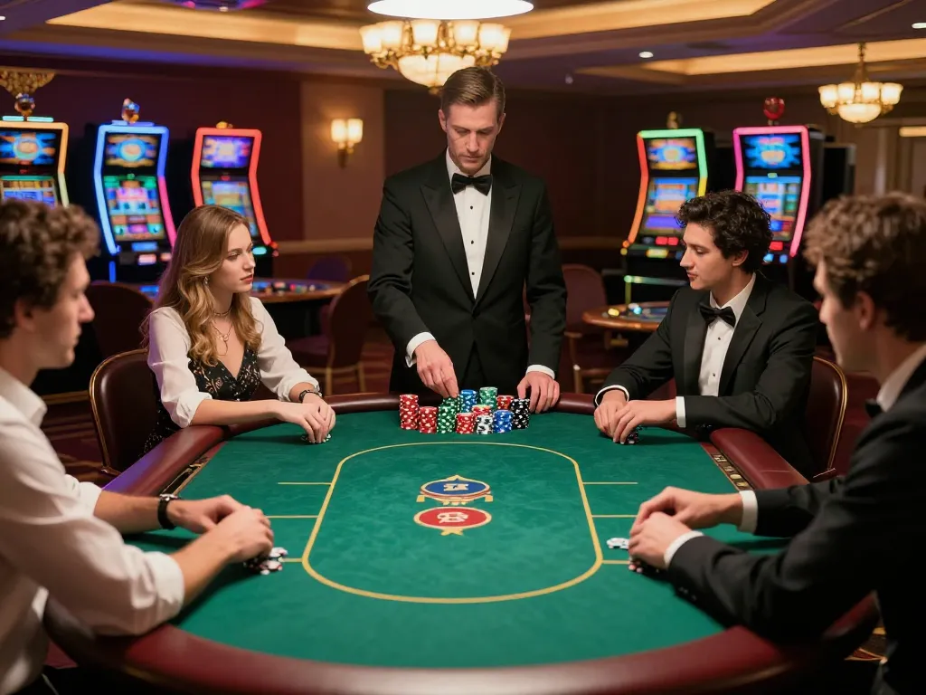 Rikvip poker players strategizing during a high-stakes game in an elegant casino setting.
