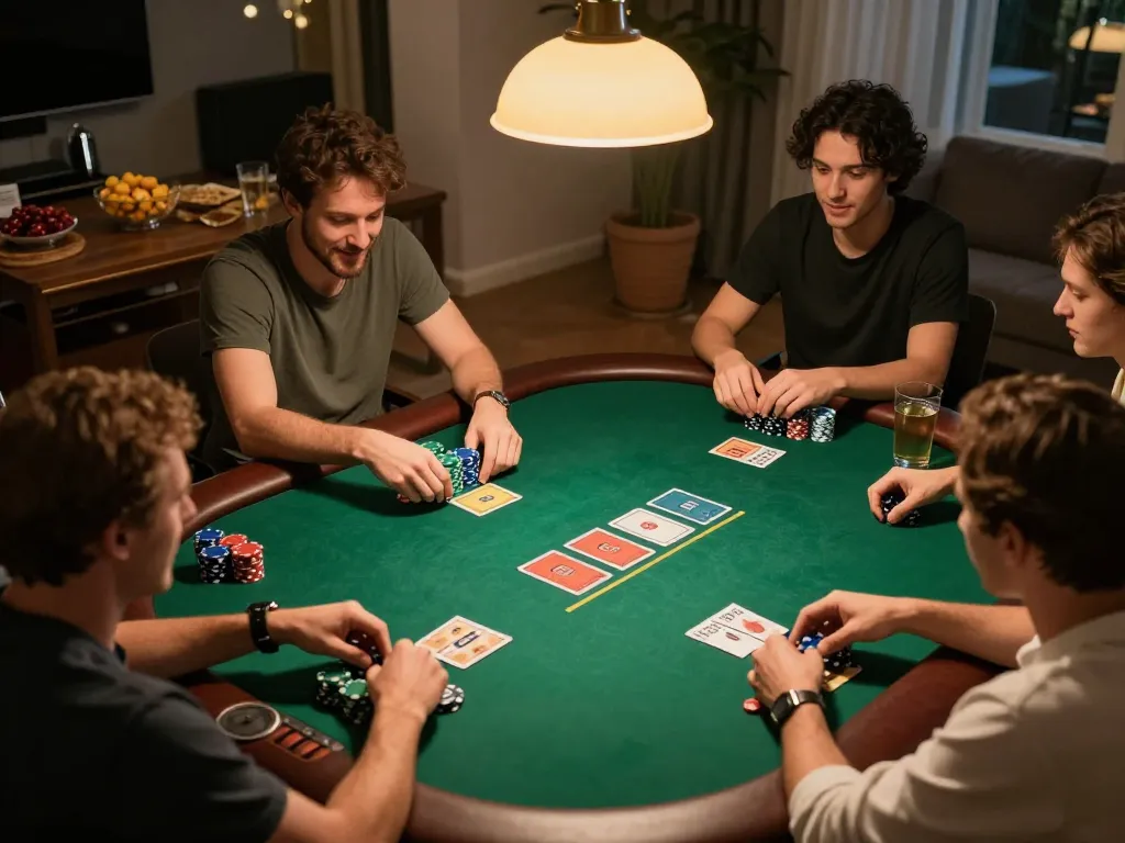 Players enjoying a thrilling bandar togel game during a cozy home poker night with friends.