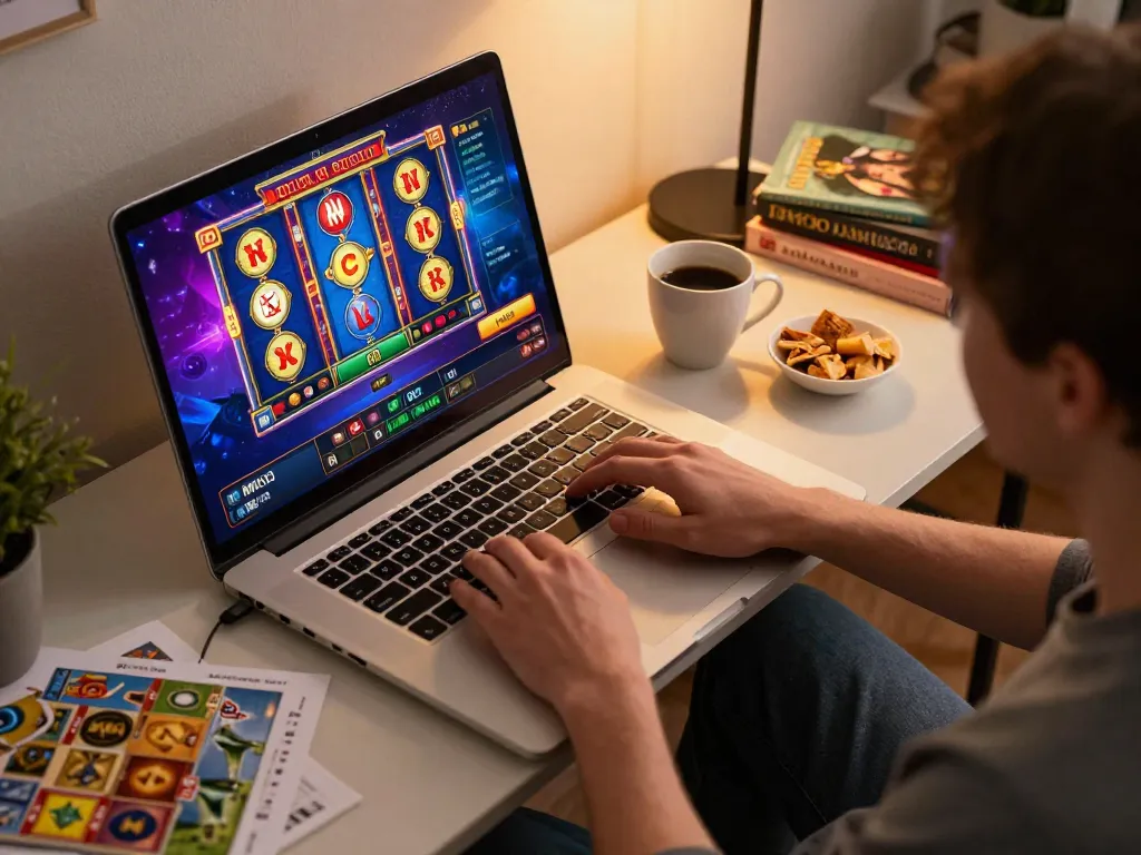 Player accessing MMOO online casino on a laptop in a cozy home setting while enjoying snacks
